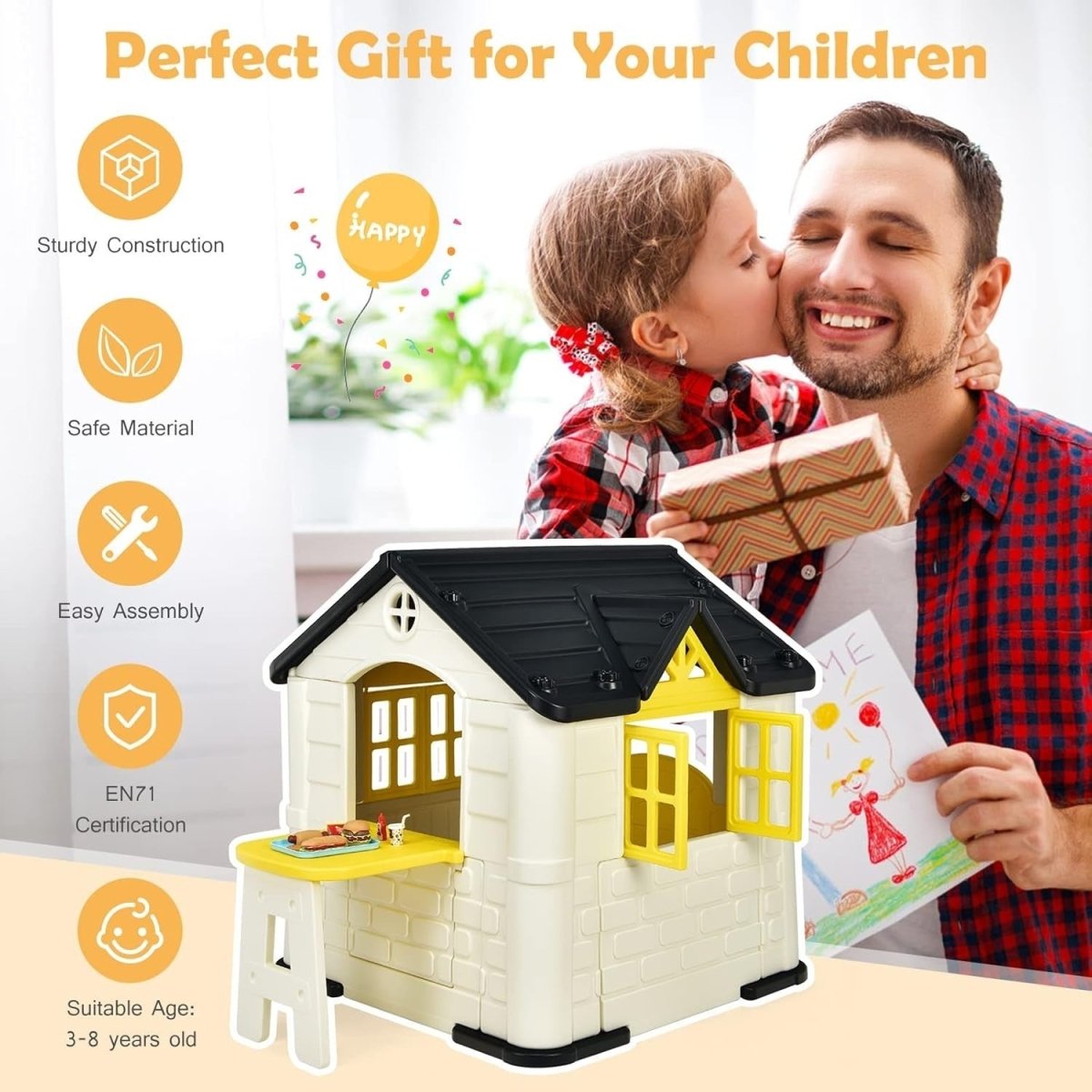 Yellow Kids Outdoor Playhouse Cottage Picnic Table Pretend Play Set - Kwikley