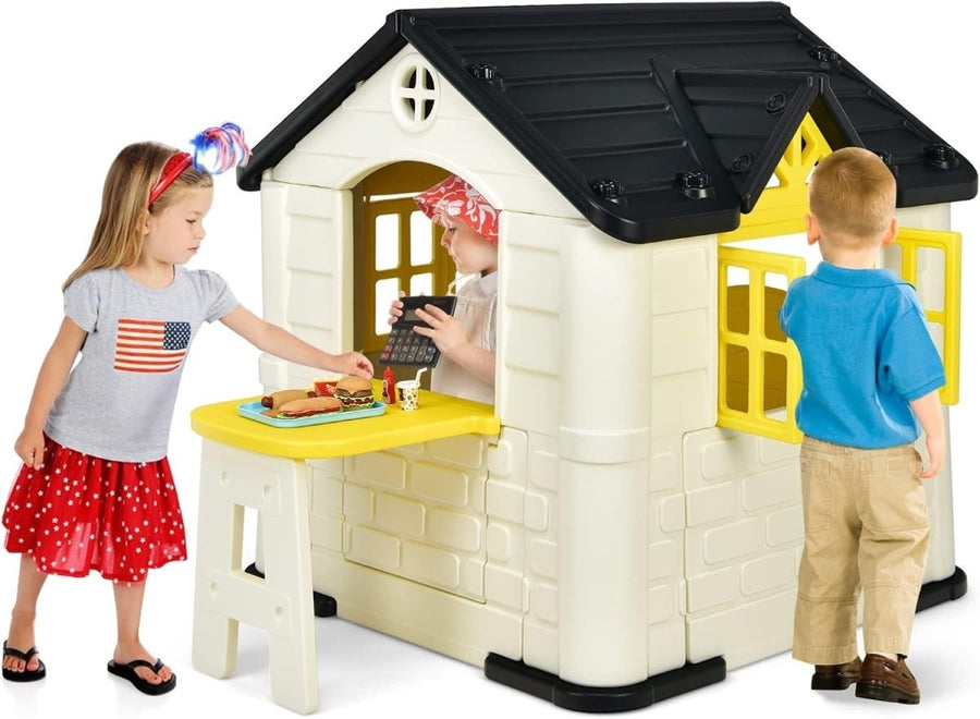 Yellow Kids Outdoor Playhouse Cottage Picnic Table Pretend Play Set - Kwikley