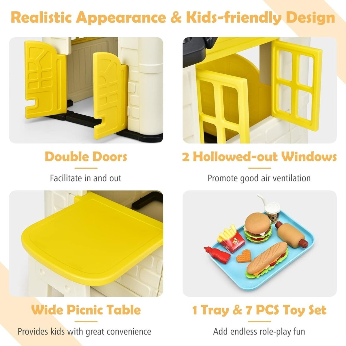 Yellow Kids Outdoor Playhouse Cottage Picnic Table Pretend Play Set - Kwikley