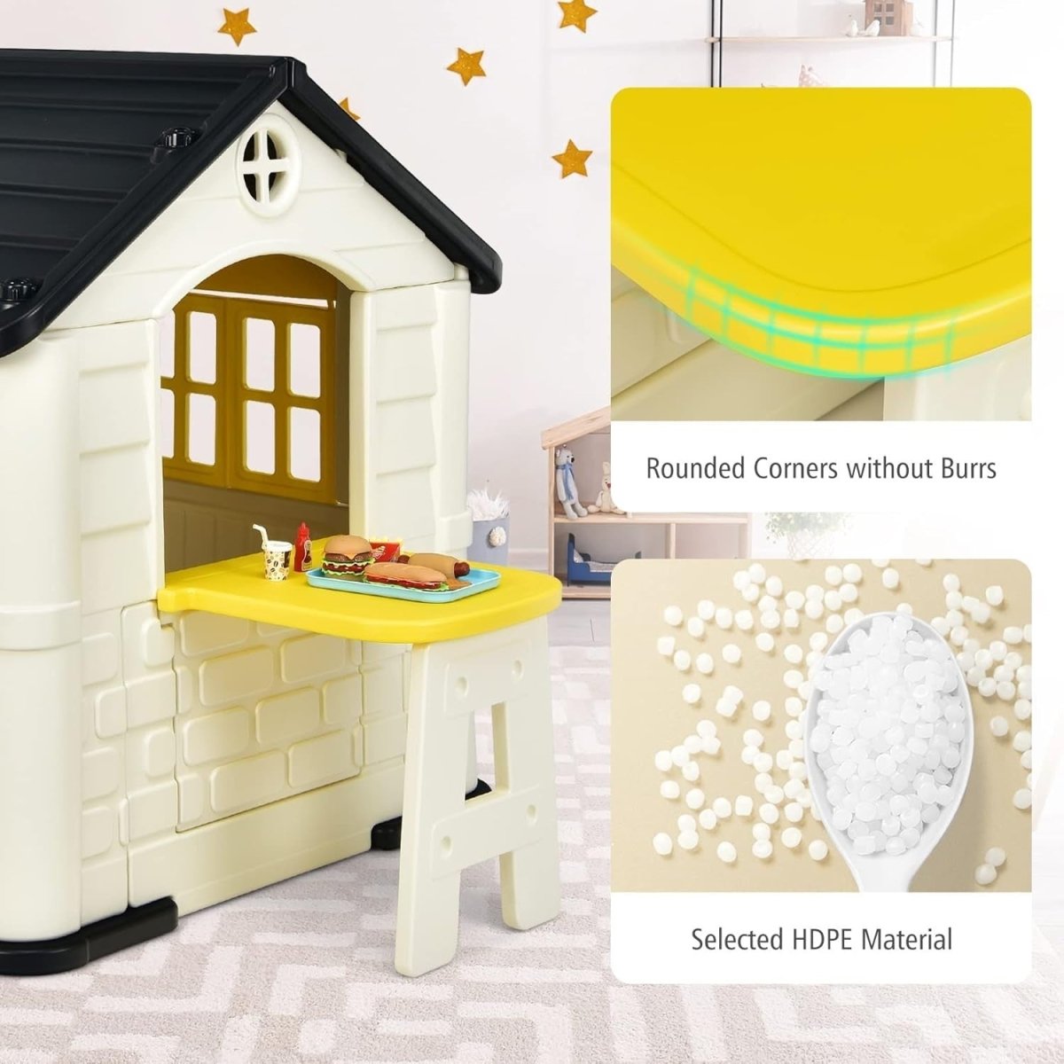 Yellow Kids Outdoor Playhouse Cottage Picnic Table Pretend Play Set - Kwikley