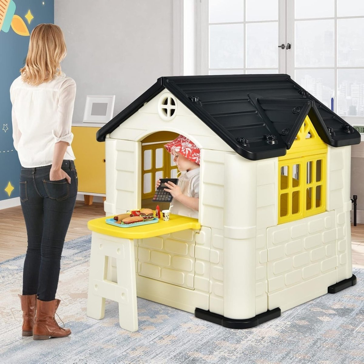 Yellow Kids Outdoor Playhouse Cottage Picnic Table Pretend Play Set - Kwikley