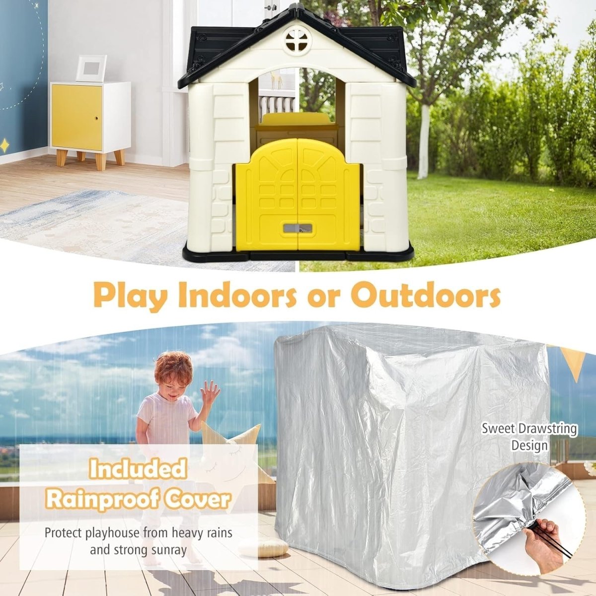 Yellow Kids Outdoor Playhouse Cottage Picnic Table Pretend Play Set - Kwikley