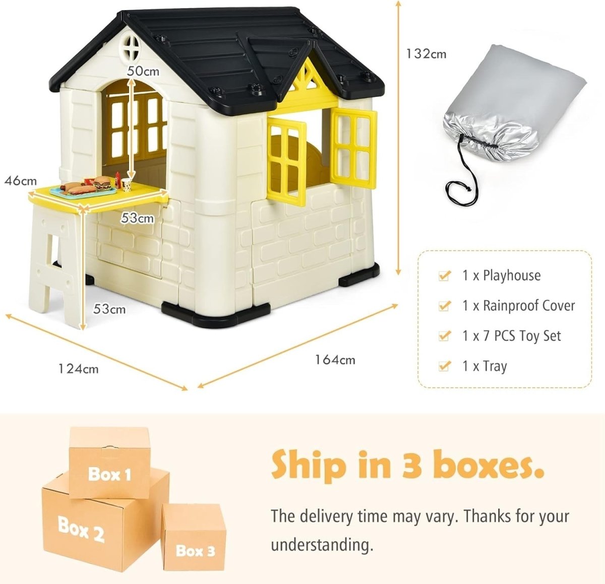 Yellow Kids Outdoor Playhouse Cottage Picnic Table Pretend Play Set - Kwikley