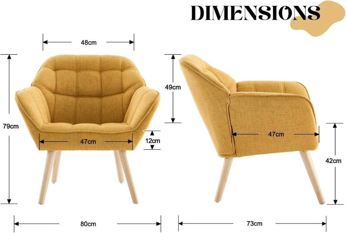 Yellow Linen Accent Chair Modern Tub Armchair Wooden Legs Living Room - Kwikley