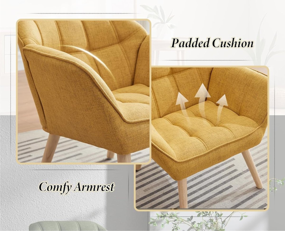 Yellow Linen Accent Chair Modern Tub Armchair Wooden Legs Living Room - Kwikley