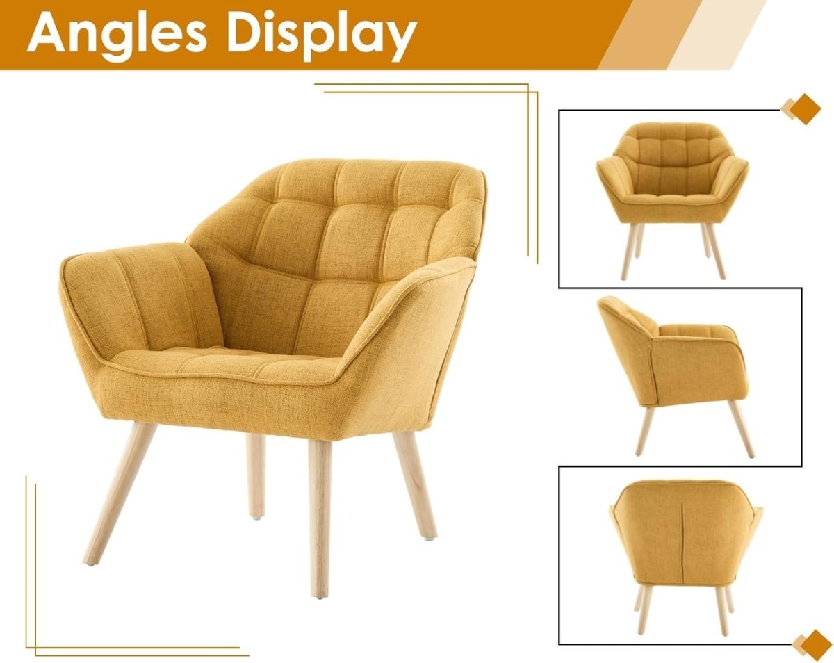 Yellow Linen Accent Chair Modern Tub Armchair Wooden Legs Living Room - Kwikley
