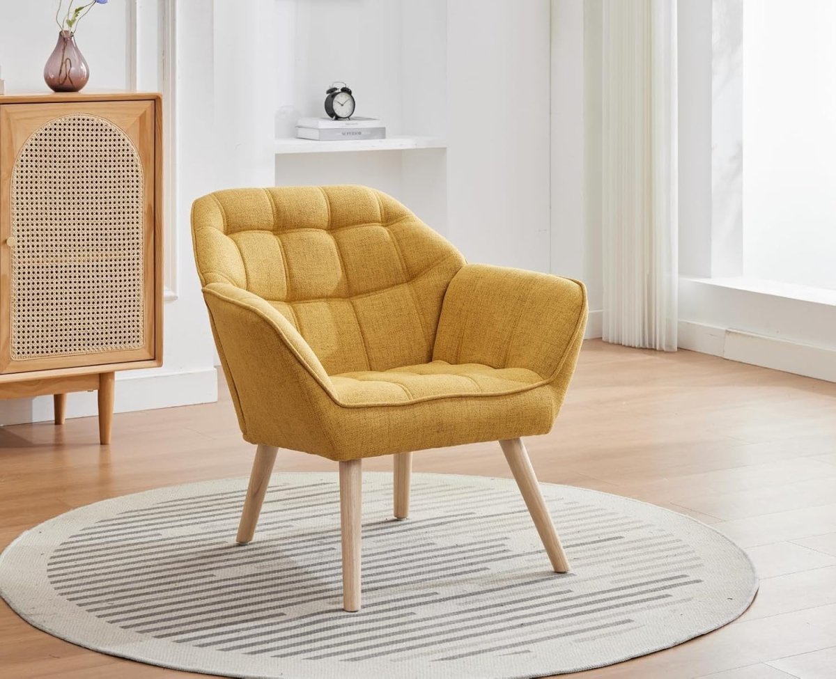 Yellow Linen Accent Chair Modern Tub Armchair Wooden Legs Living Room - Kwikley