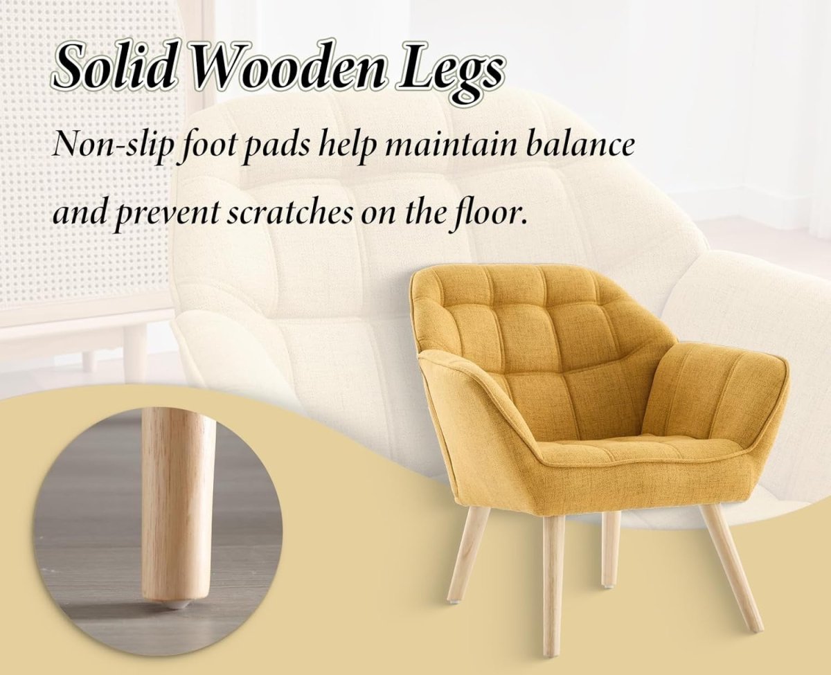 Yellow Linen Accent Chair Modern Tub Armchair Wooden Legs Living Room - Kwikley