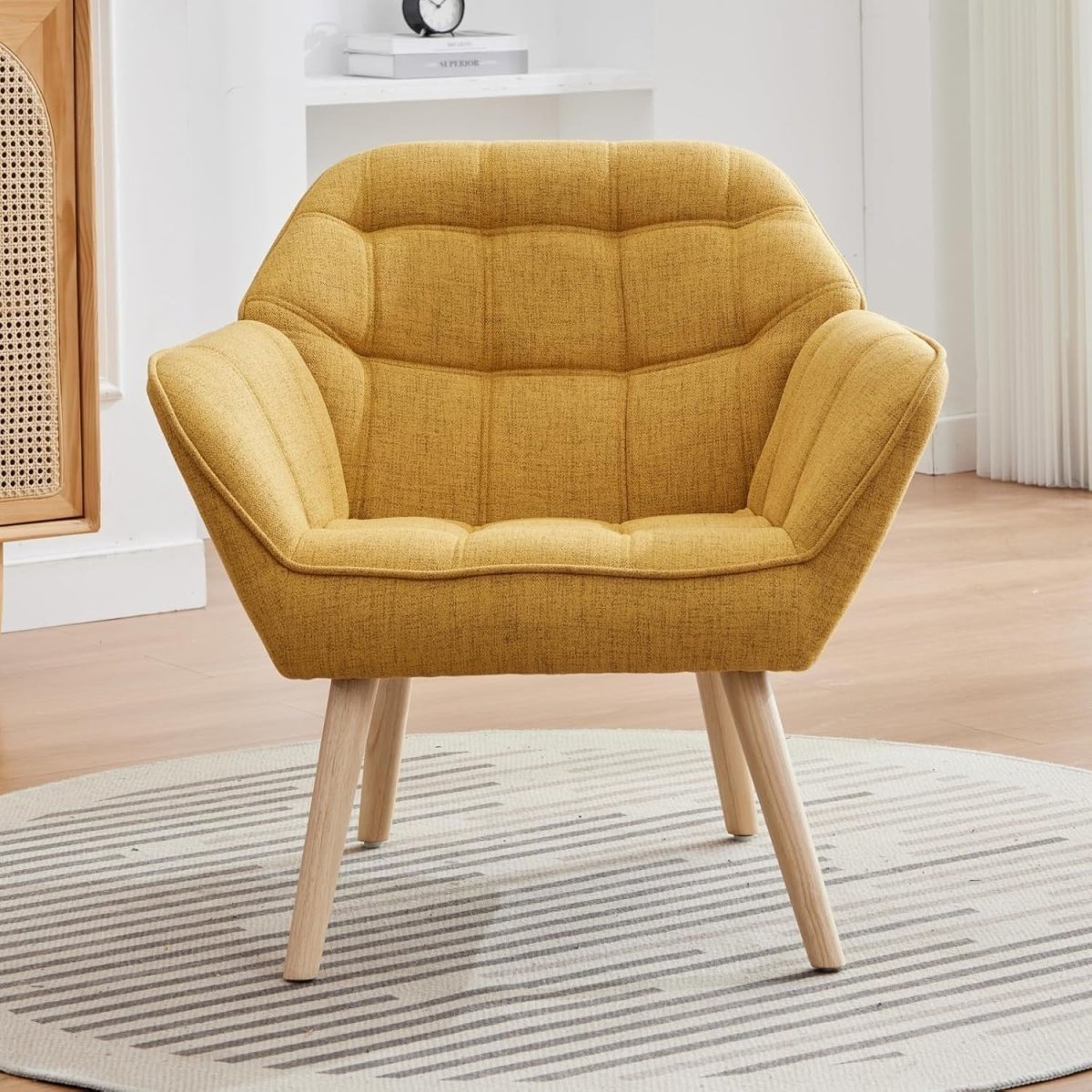 Yellow Linen Accent Chair Modern Tub Armchair Wooden Legs Living Room - Kwikley