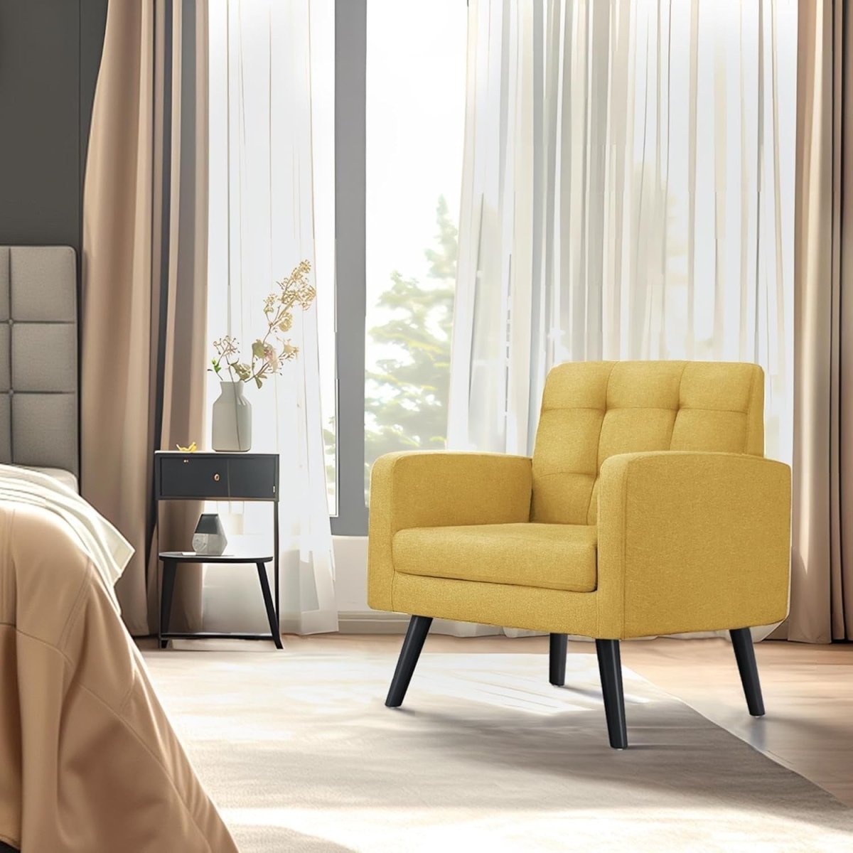 Yellow Tufted Accent Chair Mid Century Armchair for Lounge or Bedroom - Kwikley