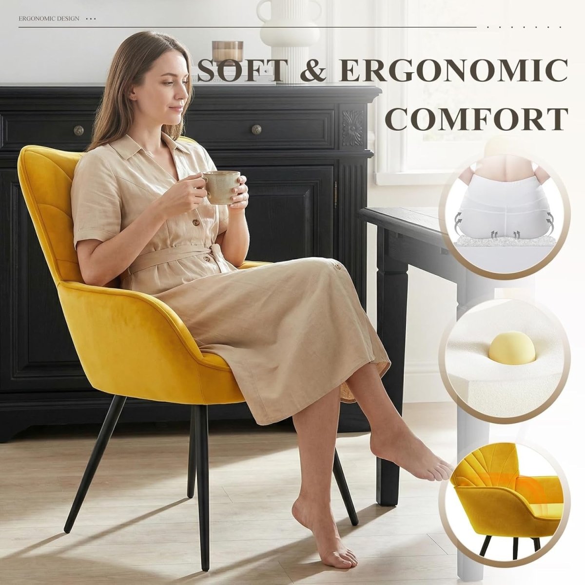 Yellow Velvet Accent Chair Modern Armchair Black Metal Legs - Kwikley