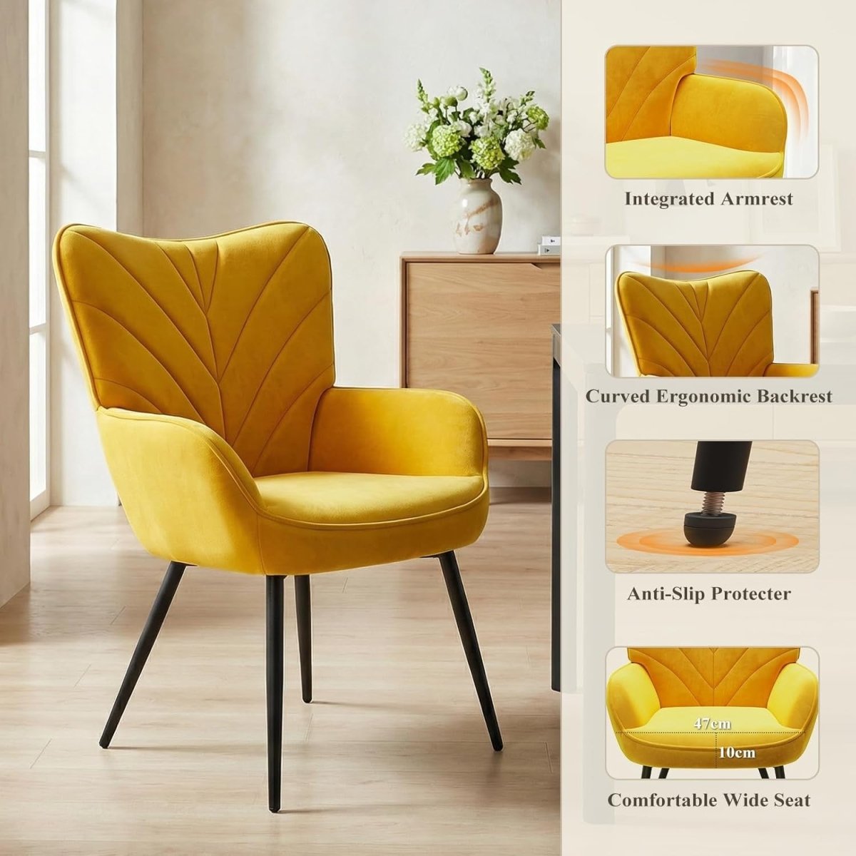 Yellow Velvet Accent Chair Modern Armchair Black Metal Legs - Kwikley