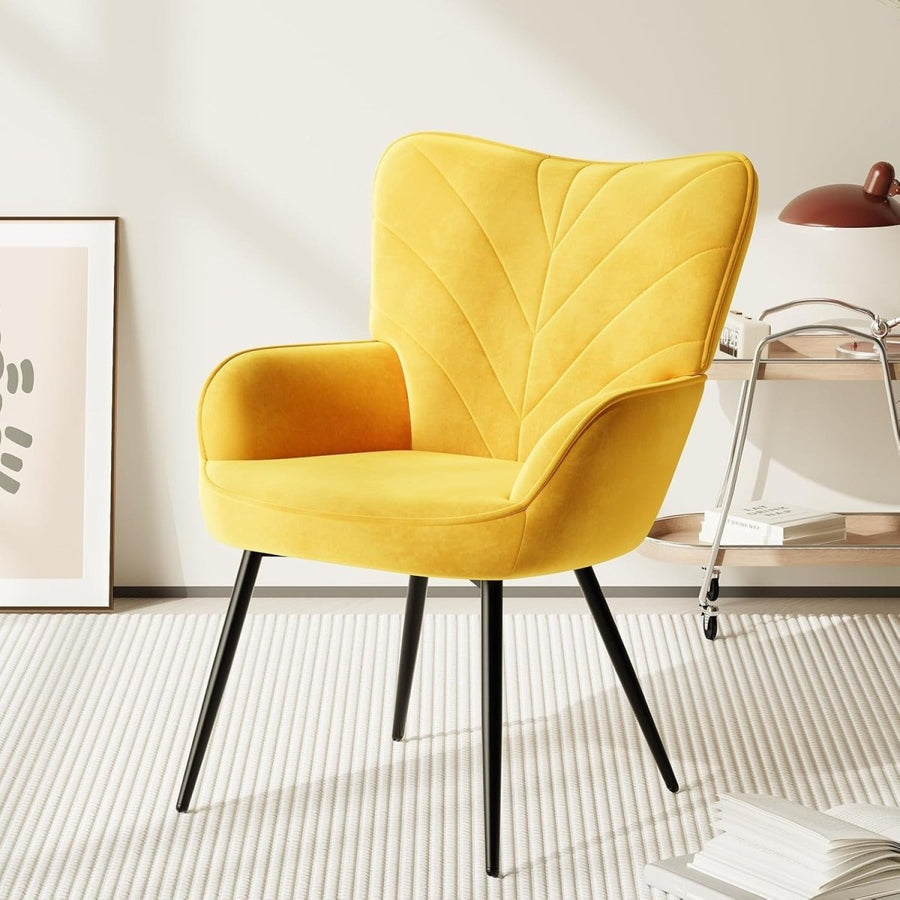 Yellow Velvet Accent Chair Modern Armchair Black Metal Legs - Kwikley