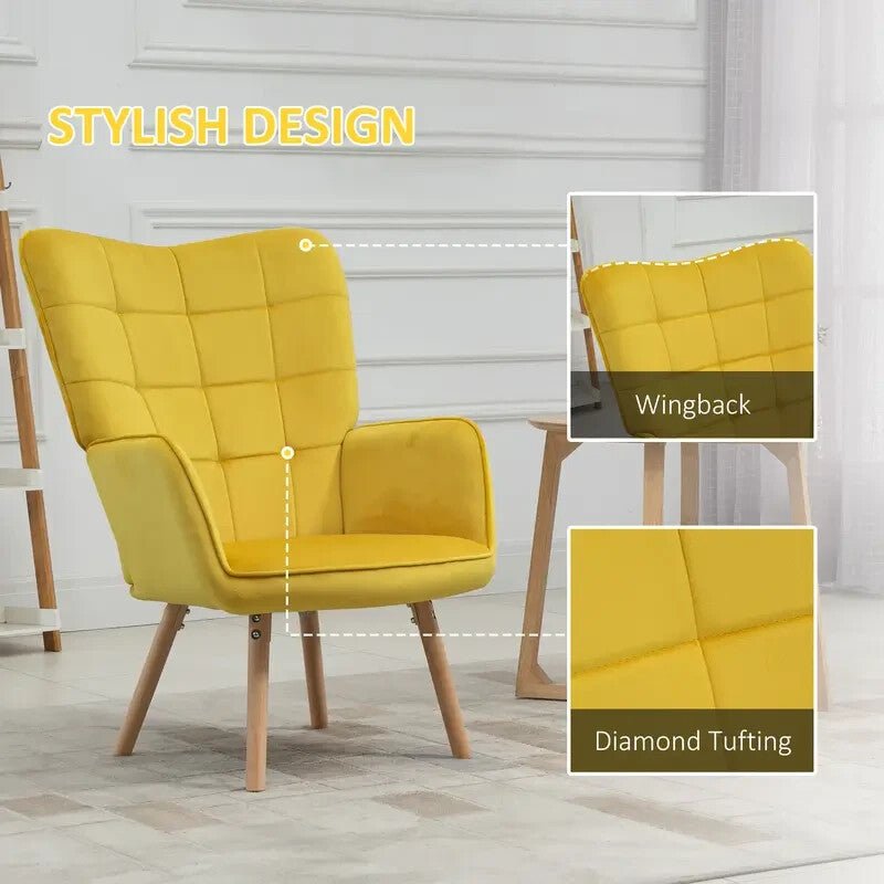 Yellow Velvet Wingback Accent Chair Armchair Sofa Seat for Lounge Room - Kwikley