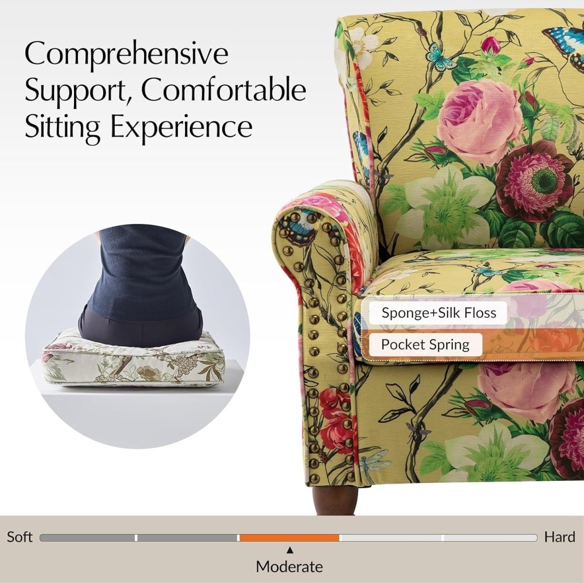 Yellow Wingback Accent Armchair Floral Upholstered Chair for Living Room - Kwikley